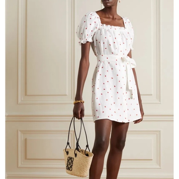 NWOT Sleeper Brigitte Belted Strawberry Printed 100% Linen Voile Mini Dress XL - Picture 2 of 14